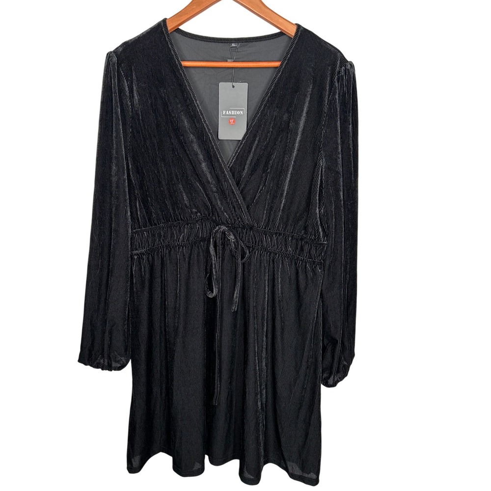 Black Velour Feel Ribbed Knit Dress V-Neck Elastic Waist Women's Size XL NWT